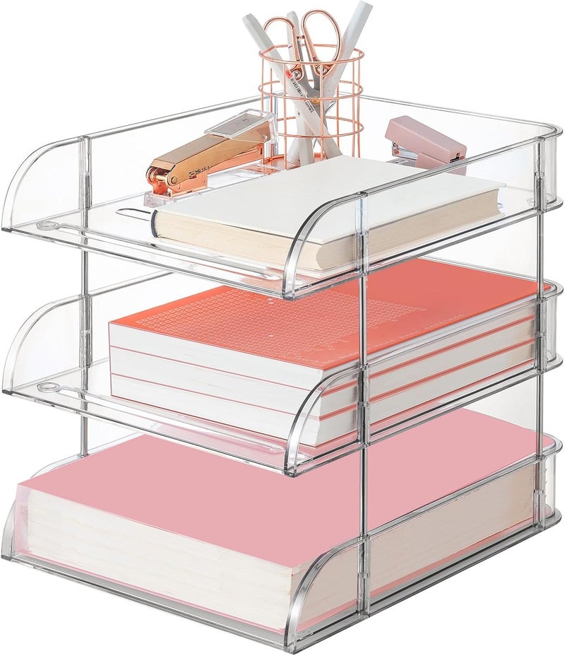 Noger Desk Organizer and Storage,3-Tier File Paper Tray Organizers,Stackable Clear Desktop Organizer for Documents,Book Magazine Storage,Office Supplies (Clear,3 Pack) - Image 1
